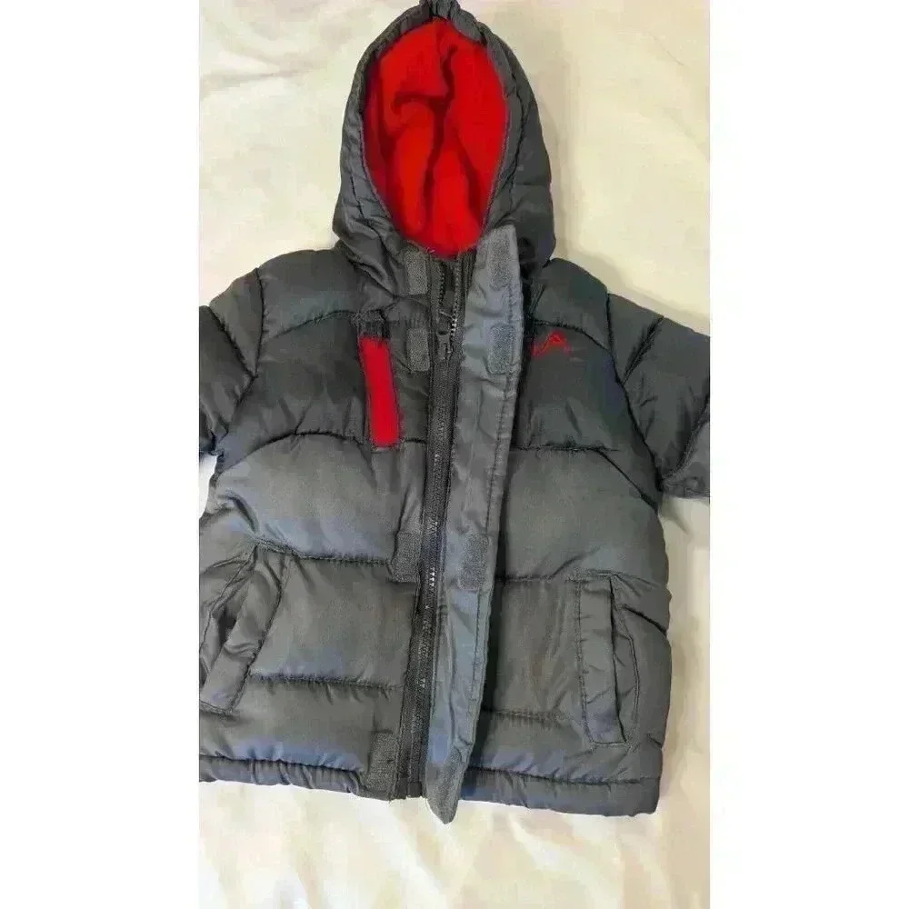 Vertical '9 Boys Lined Puffer Jacket Siz 18 Months Gray Red Hooded Pockets EUC